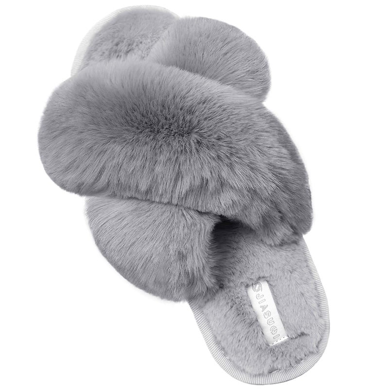 JIASUQI Women's Cross Band Fuzzy House Slippers Soft Plush Furry Faux Fur House Indoor Outdoor Slippers for Women Grey 8-9 - Image 1
